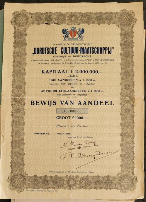 waardepapieren Dordtse Cultuur Maatschappij groot F1000, Postzegels en Munten, Aandelen en Waardepapieren, Aandeel, Voor 1920