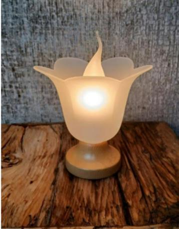 Vintage Tulp Tafellamp van Melkglas. Houten voet. beschikbaar voor biedingen