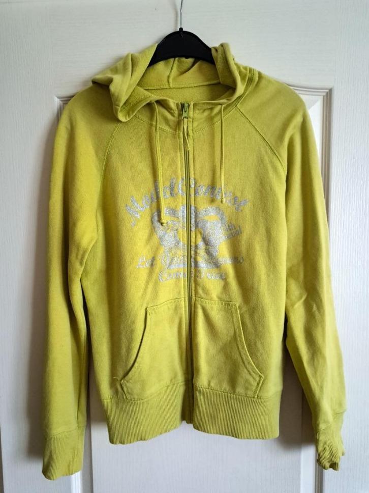 Lime groen vest met zilveren print en capuchon maat 40 42 L, Kleding | Dames, Truien en Vesten, Zo goed als nieuw, Maat 38/40 (M)