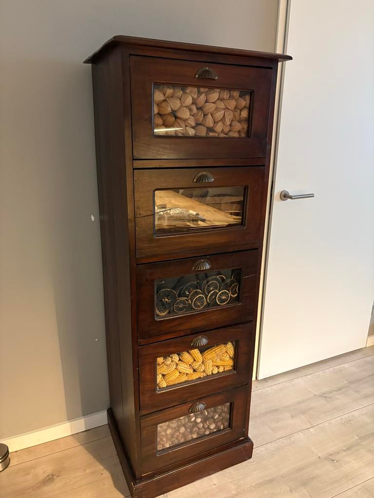 Teakhouten hoge ladekast, Huis en Inrichting, Kasten | Ladekasten, Ophalen, Minder dan 50 cm, Gebruikt, 5 laden of meer