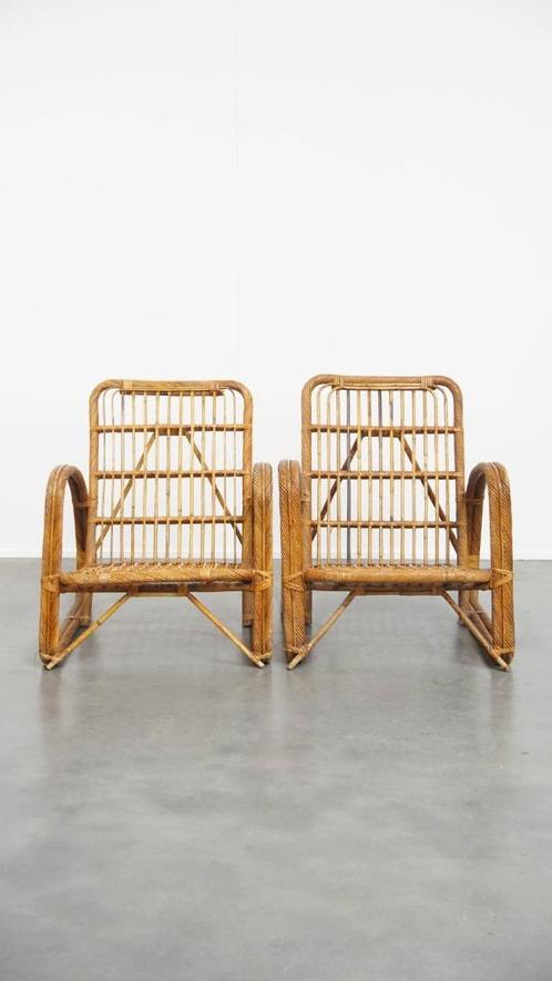 2 x Franse rotan vintage design fauteuil uit de jaren ’50, Huis en Inrichting, Fauteuils, Gebruikt, Leer, 50 tot 75 cm, 75 tot 100 cm