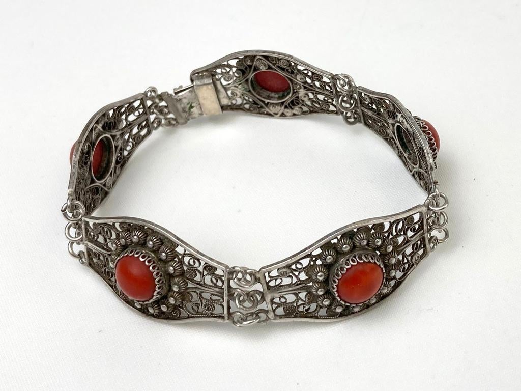 Art déco- Zilveren filigrain armband met bloedkoralen -19cm, Antiek en Kunst, Antiek | Goud en Zilver, Ophalen of Verzenden, Zilver