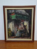 Mooi oud klassiek schilderij vrouw bij haardvuur, Ophalen of Verzenden