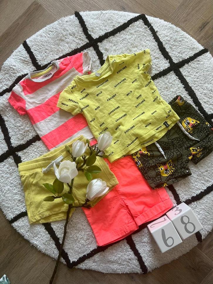 Heel goed 5x Hema geel groen zomer shorts shirt set 62 68, Kinderen en Baby's, Babykleding | Maat 68, Zo goed als nieuw, Jongetje of Meisje
