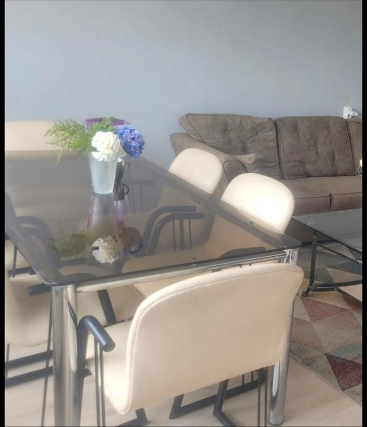 Gratis!!!!. Glazen Eettafel met 6 Stoelen_Moet nu weg, Huis en Inrichting, Complete eetkamers, Gebruikt, 6 tot 8 stoelen, Ophalen of Verzenden
