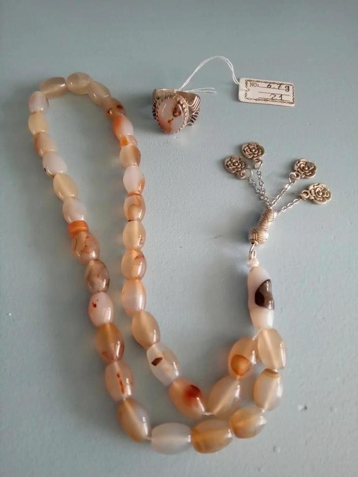 Agaat Tasbih & Zilveren Ring - Aqeeq Yamani  prijs is vast!, Sieraden, Tassen en Uiterlijk, Kettingen, Nieuw, Zilver, Zilver, Verzenden