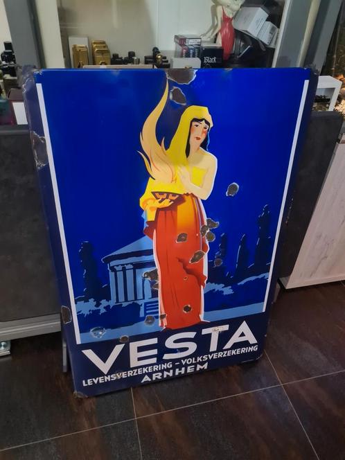 Groot emaille bord vesta levensverzekering Arnhem langcat, Verzamelen, Merken en Reclamevoorwerpen, Gebruikt, Reclamebord, Ophalen