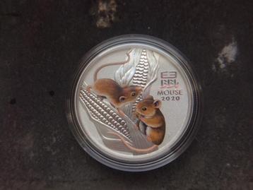 2020 Aus Lunar III - Mouse - 1/2 oz silver color gekleurd beschikbaar voor biedingen