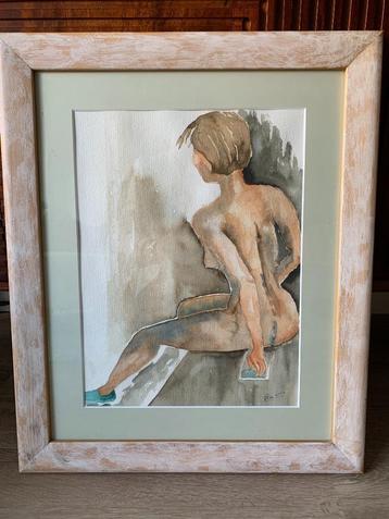Zittend Naakte vrouw - Gesigneerd R.O. 2002 -Aquarel beschikbaar voor biedingen