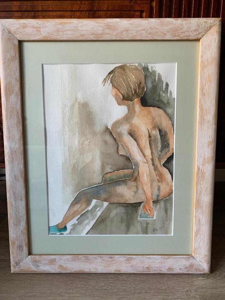 Zittend Naakte vrouw - Gesigneerd R.O. 2002 -Aquarel, Antiek en Kunst, Kunst | Schilderijen | Klassiek, Ophalen of Verzenden