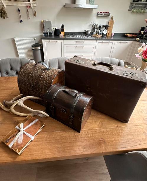 Koffer, kistjes, afwerpstangen (gewei) en boek met sleutel, Huis en Inrichting, Woonaccessoires | Overige, Ophalen