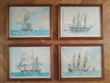 Set van 4 retro glas ingelijste prenten historische schepen  beschikbaar voor biedingen