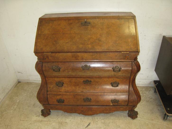 Antieke wortelnoten dubbelgebogen secretaire, Antiek en Kunst, Antiek | Meubels | Kasten