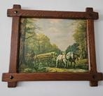 Vintage Schilderij: Paarden met Houtkar in Bos, Ophalen of Verzenden