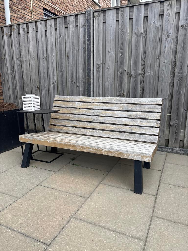 Houten tuinbank met metalen onderstel, Tuin en Terras, Tuinbanken, Ophalen, Gebruikt, Hout