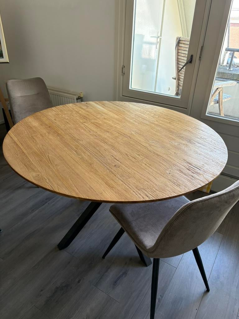 Tafel + stoelen (4x), Huis en Inrichting, Ophalen, Rond, Zo goed als nieuw, Overige houtsoorten