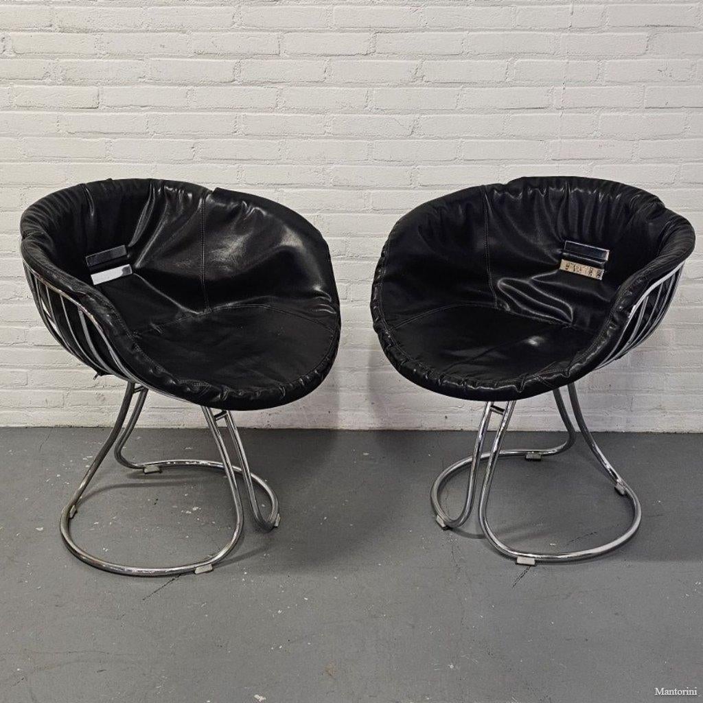 2 Italiaans verchroomd Pan Am fauteuils Gastone Rinaldi 1977, Ophalen, Gebruikt, Zwart, Rinaldi