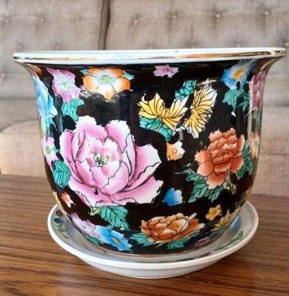 Prachtige bloempot met schotel, kleurrijk bloemendecor, Overige materialen, Gebruikt, Minder dan 30 cm, Minder dan 60 cm