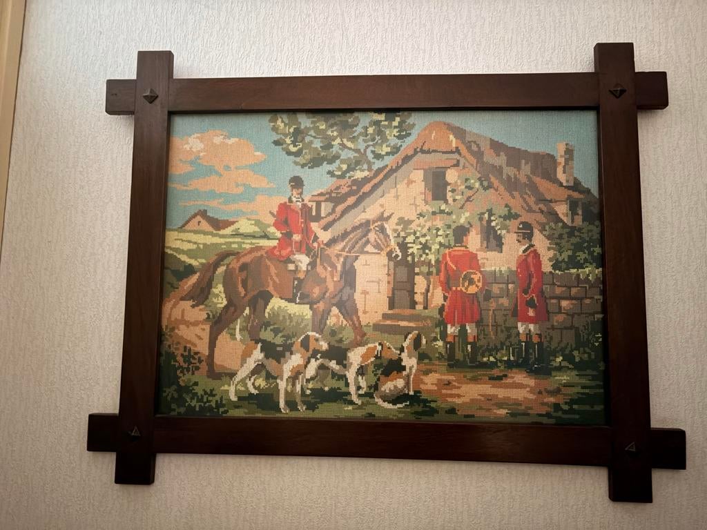 Vintage geborduurd schilderij jachttafereel, Ophalen