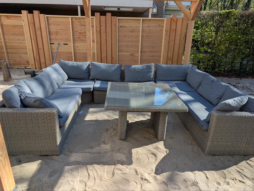 Grote Wicker Loungeset met Glazen Tafel en Kussens, Gebruikt, Meer dan 8 zitplaatsen, Ophalen of Verzenden, Loungeset