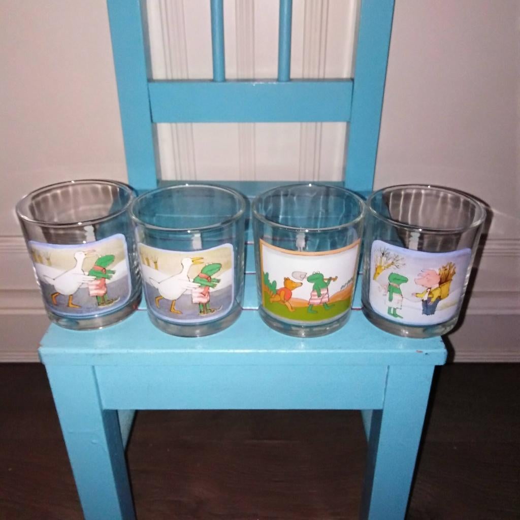Kikker in kleur glazen Max Velthuijs 4 stuks, Glas of Glazen, Gebruikt, Ophalen of Verzenden, Glas