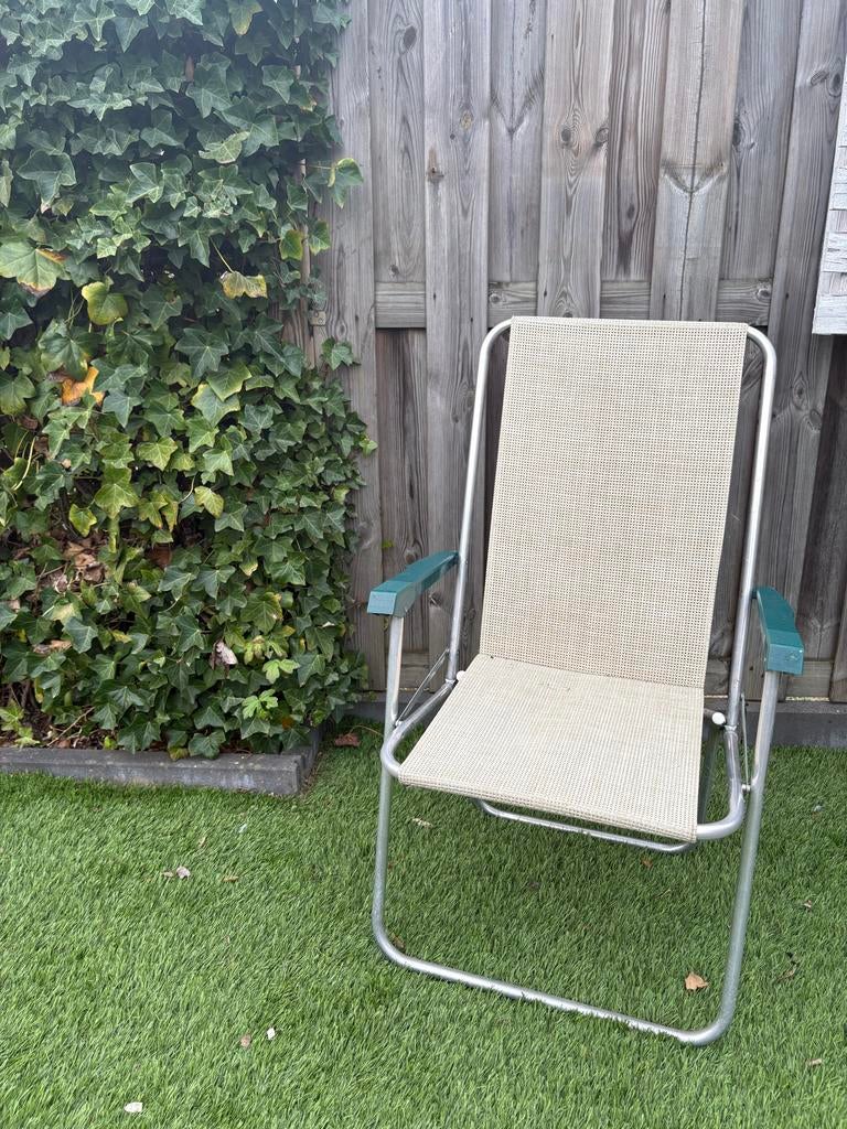 Vintage opvouwbare tuinstoel - Metaal en textiele 5,00, Ophalen, Gebruikt, Overige kleuren, Metaal