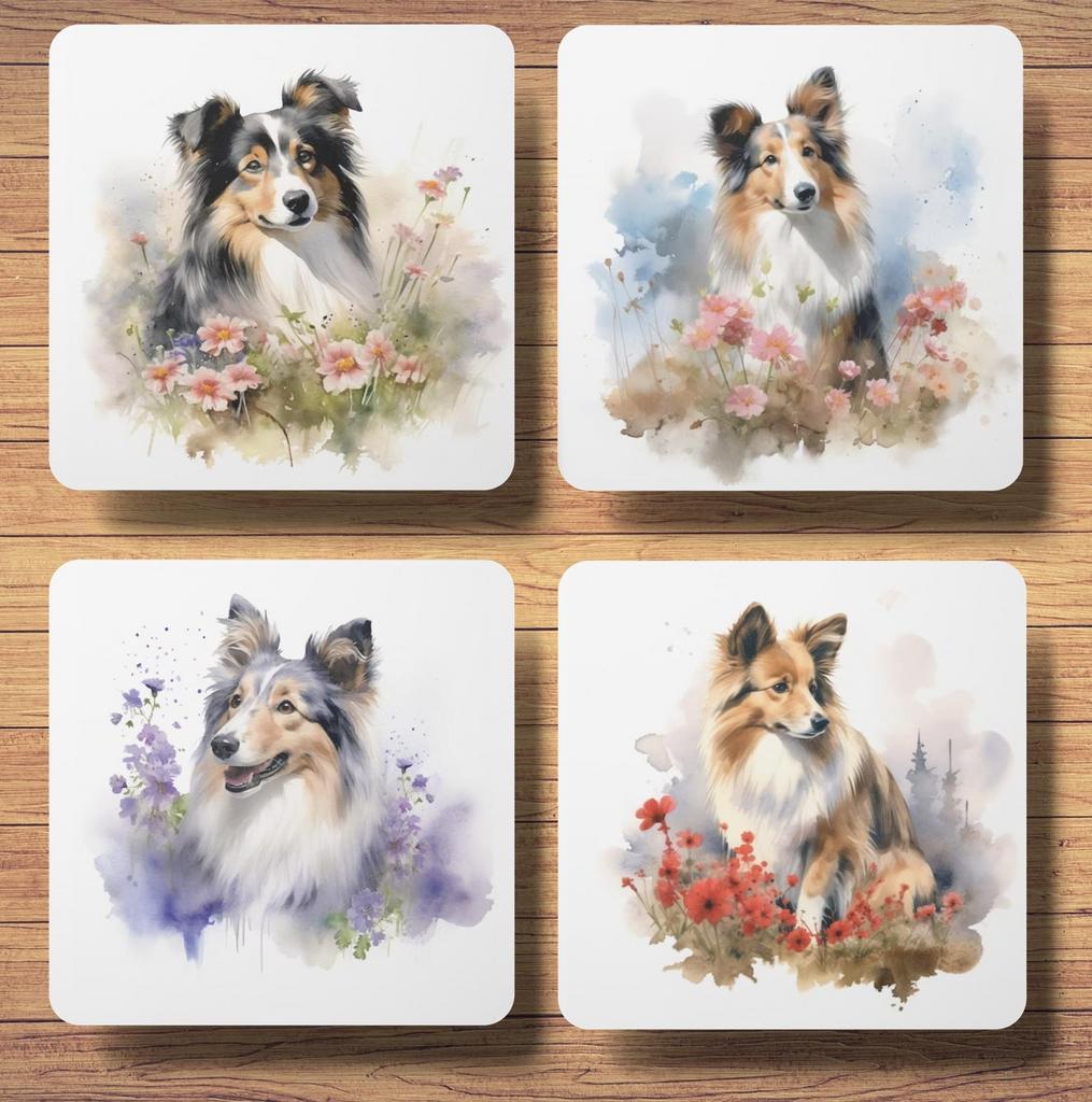 Sheltie Aquarel onderzetters met houder, Ophalen of Verzenden, Nieuw, Glas of Kopje