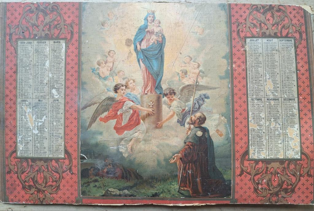 Zeldzame devotionele Chromolithografie kalender uit 1889, Ophalen of Verzenden