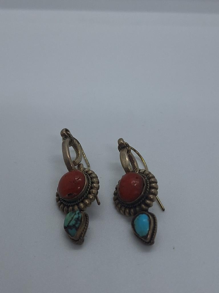 Navajo stijl turquoise bloedkoraal zilveren oorhangers, Ophalen of Verzenden, Met edelsteen, Rood, Zilver