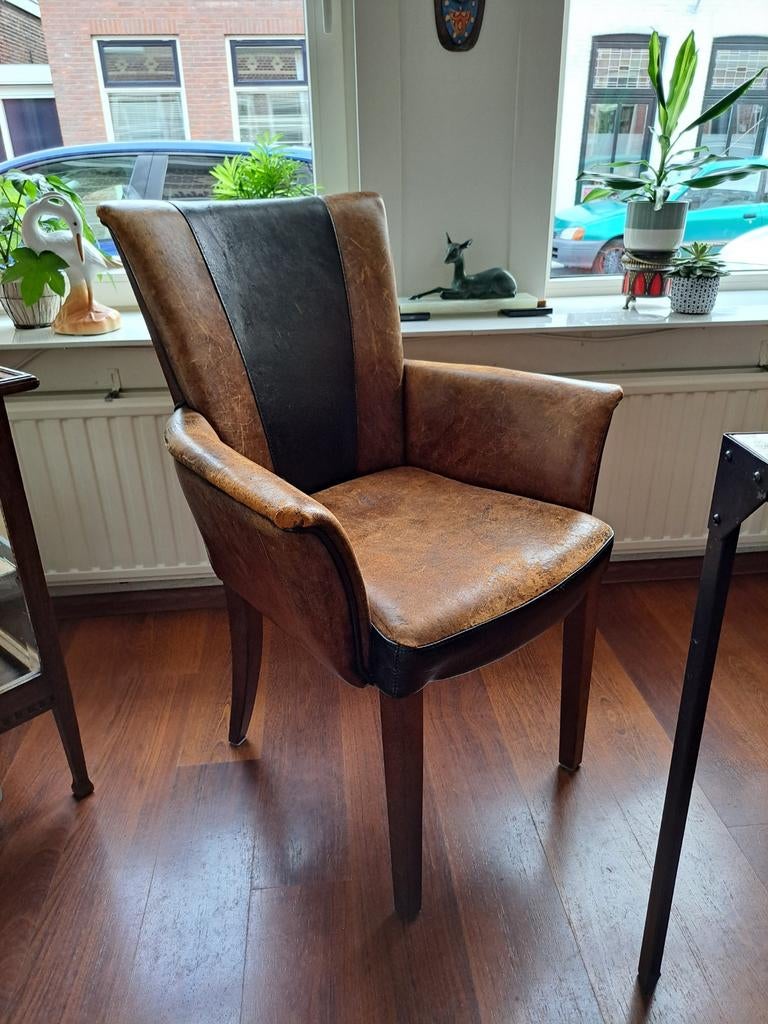 6 Bruine Schaapslederen Eettafelstoelen met Zwarte Band, Huis en Inrichting, Stoelen, Ophalen, Gebruikt, Bruin, Leer