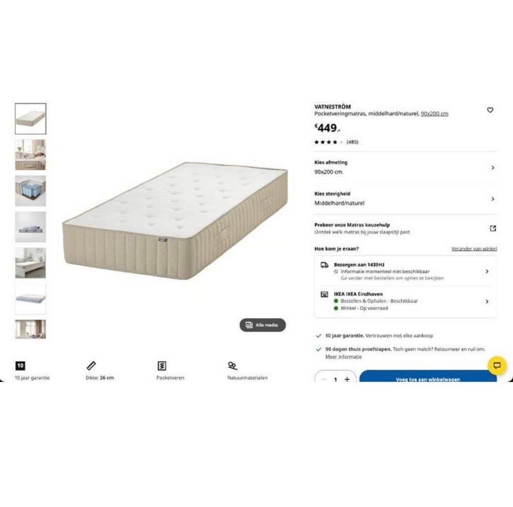 Ikea VATNESTRÖM matras 90x200 cm, Huis en Inrichting, Slaapkamer | Matrassen en Bedbodems, Ophalen, 90 cm, Eenpersoons, Zo goed als nieuw