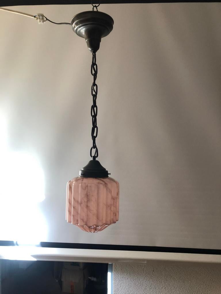 Art Deco,Hanglamp,1920-30,vintage, Gebruikt, 50 tot 75 cm, Ophalen of Verzenden, Glas
