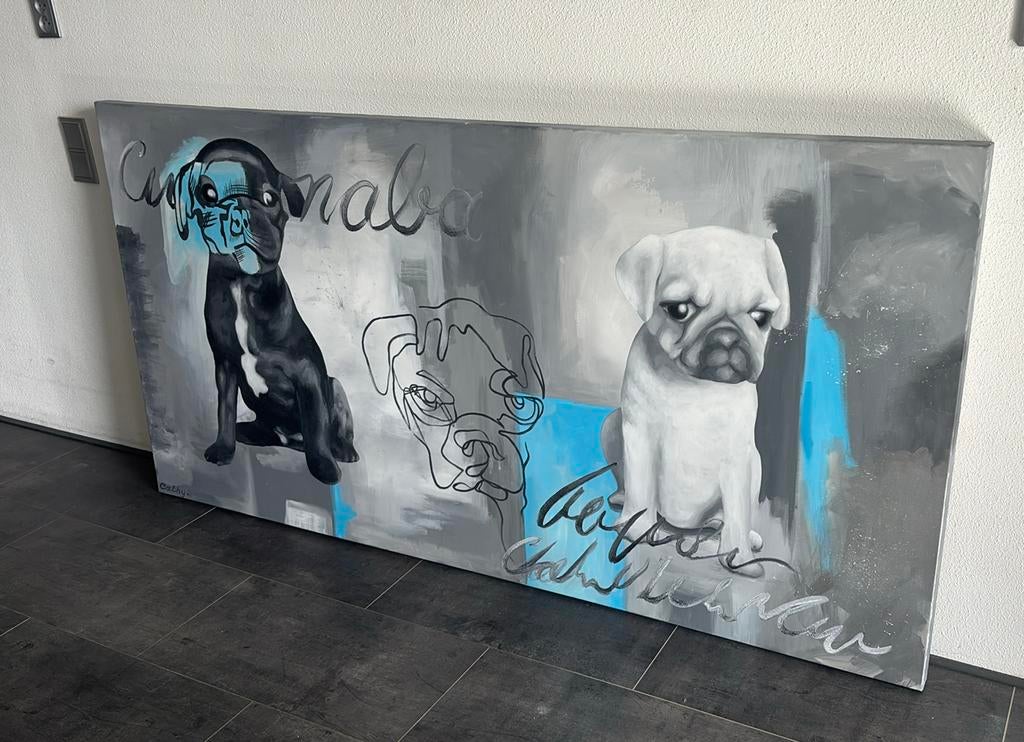 Pug Teal Schilderijen, Ophalen, Oorspronkelijke maker, 125 cm of meer, Zo goed als nieuw