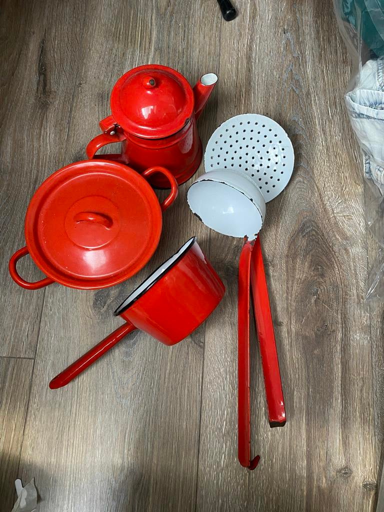 Vintage geëmailleerde rode keukenset, Ophalen of Verzenden