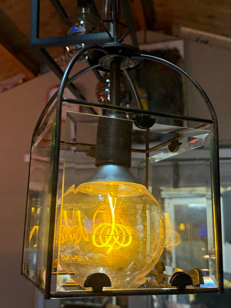 Industriële hanglamp lantaarn stijl - Zwart metaal & glas, Ophalen of Verzenden, Gebruikt, Glas, Minder dan 50 cm