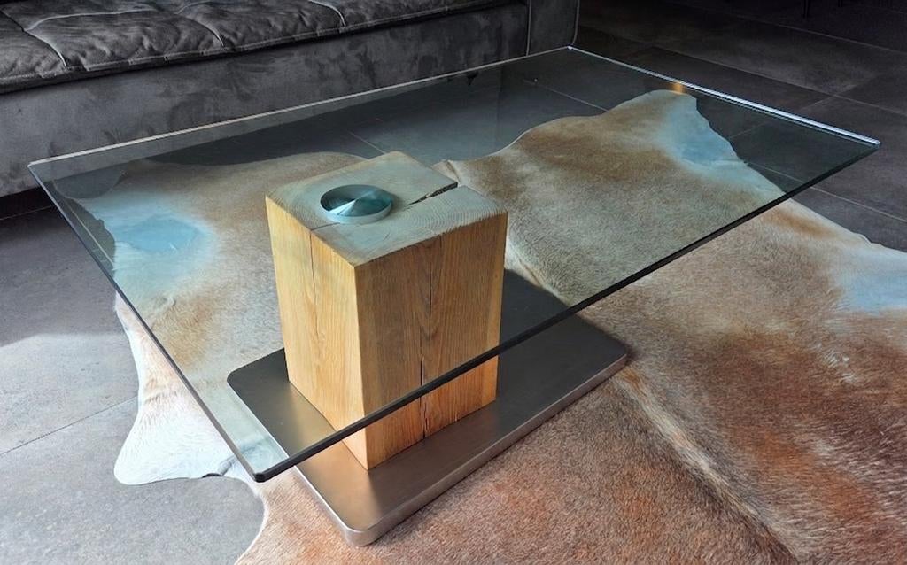 Glazen salontafel met eiken / RVS voet, Ophalen