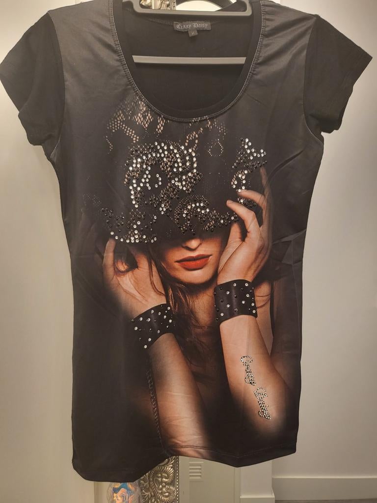 Crazy Daisy T-shirt met print en strass - Maat M, Kleding | Dames, Maat 38/40 (M), Crazy Daisy, Zwart, Ophalen of Verzenden