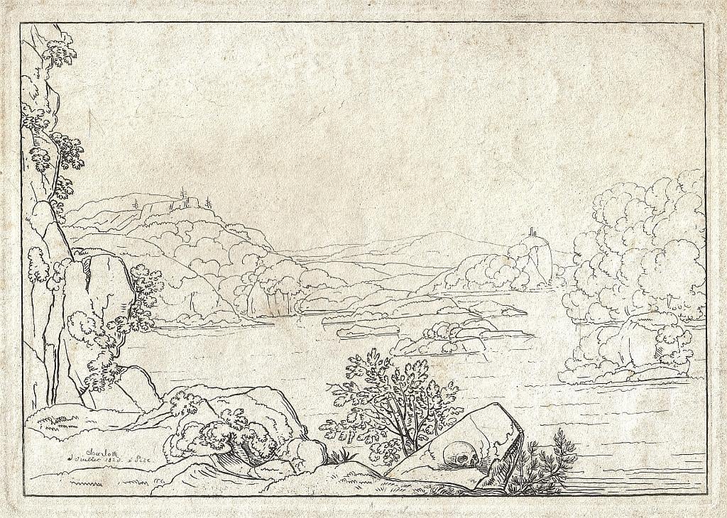 Charlotte Bonaparte ets "Landschap met Schedel"1820, proefdr, Antiek en Kunst, Ophalen, Landschap, Ets, Origineel