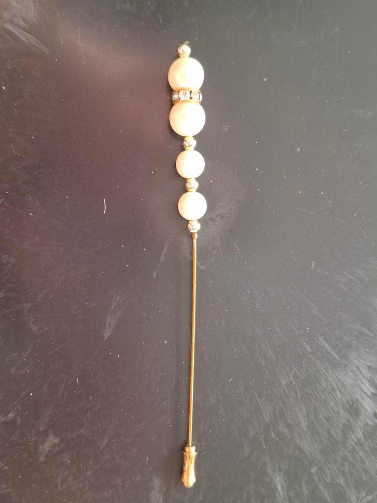 Vintage hoedenspeld met parels en strass, Sieraden, Tassen en Uiterlijk, Met strass, Overige materialen, Ophalen of Verzenden