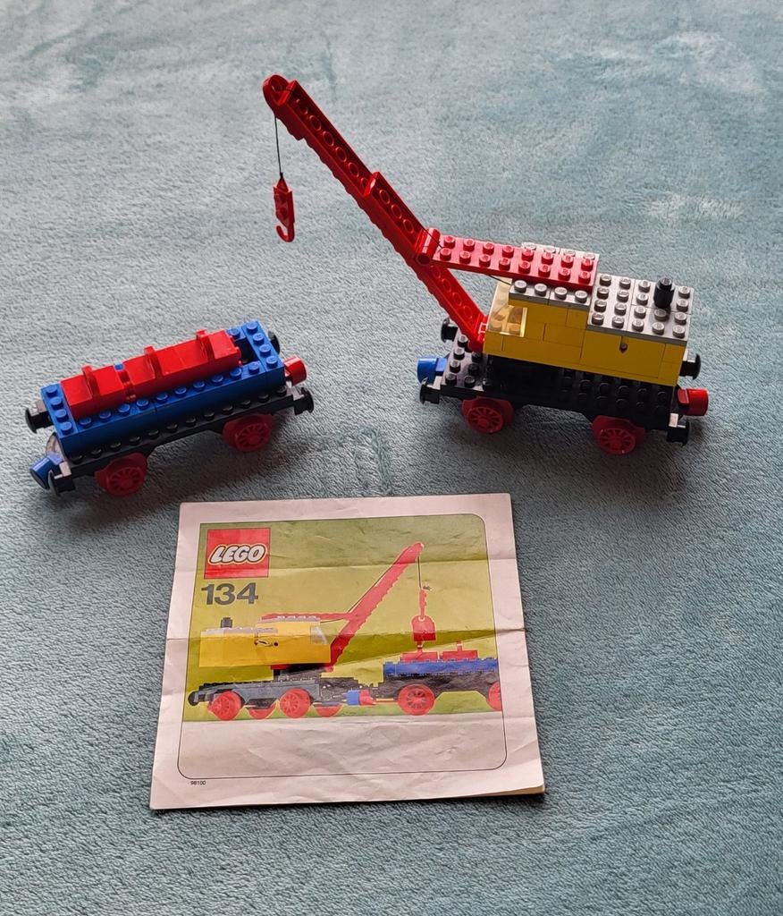 Lego trein hijskraan + ballast blokken wagon (set 134), Gebruikt, Lego, Compleet, Ophalen of Verzenden