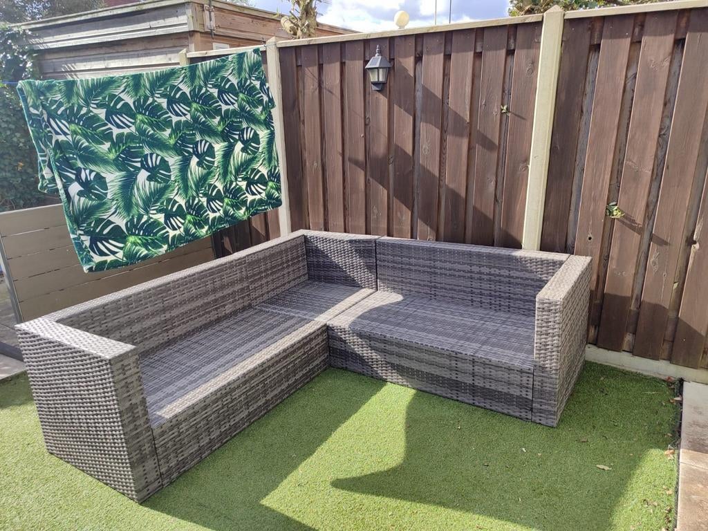 Wicker hoek loungeset Verona met dikke IKEA kussens, Ophalen, 5 zitplaatsen, Bank, Zo goed als nieuw