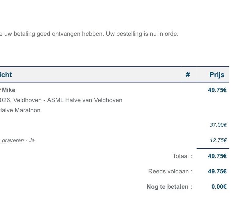 ticket asml halve marathon veldhoven, Eén persoon, April