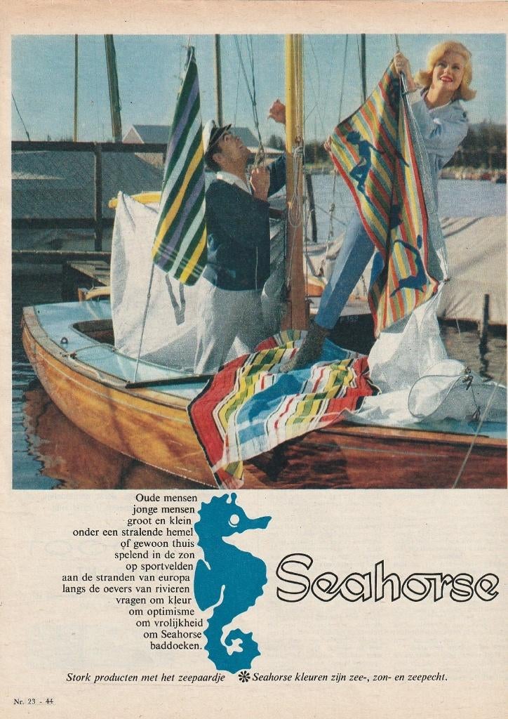 Retro reclame 1965 Seahorse handdoeken op zeilboot, Verzenden, Overige typen