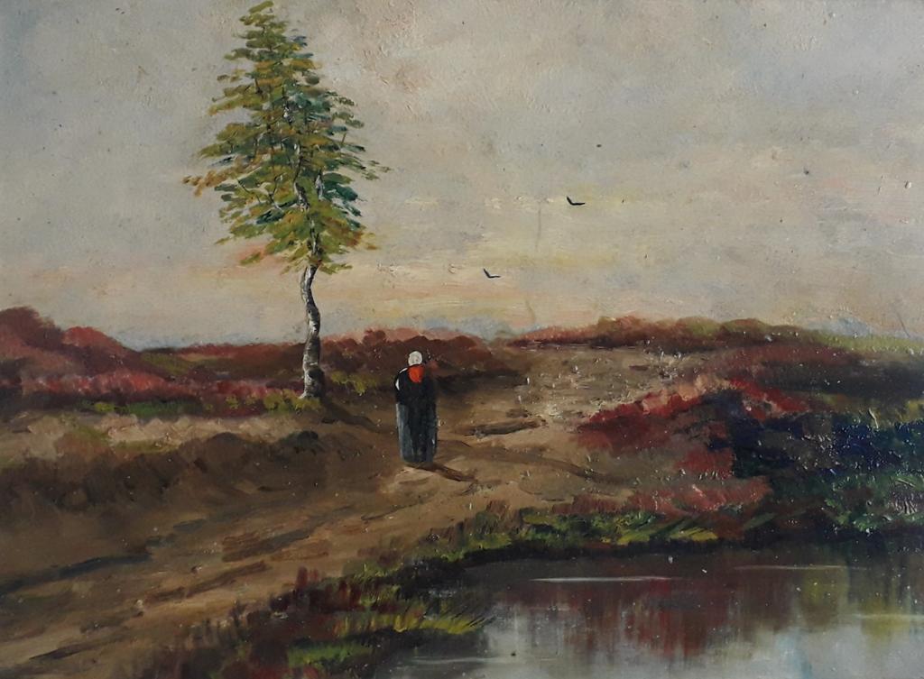 WIJDS LANDSCHAP MET MYSTERIEUS FIGUUR BIJ EEN BOOM🌳OUD 1950, Antiek en Kunst, Ophalen of Verzenden