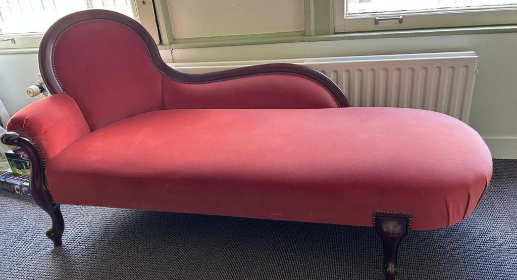 Chaise longue in rood fluweel - vintage, Huis en Inrichting, Ophalen, Gebruikt, Eenpersoons, 150 tot 200 cm