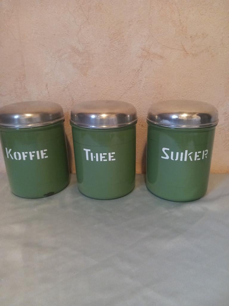 Resedagroen emaille koffie-thee en suikerbussen, Antiek en Kunst, Antiek | Emaille, Ophalen of Verzenden