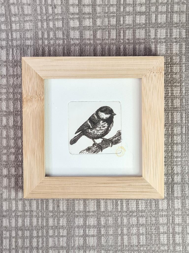 Ets van een vogeltje, een koolmeesje, 10x10 cm, incl lijst, Minder dan 50 cm, Oorspronkelijke maker, Nieuw, Ophalen of Verzenden