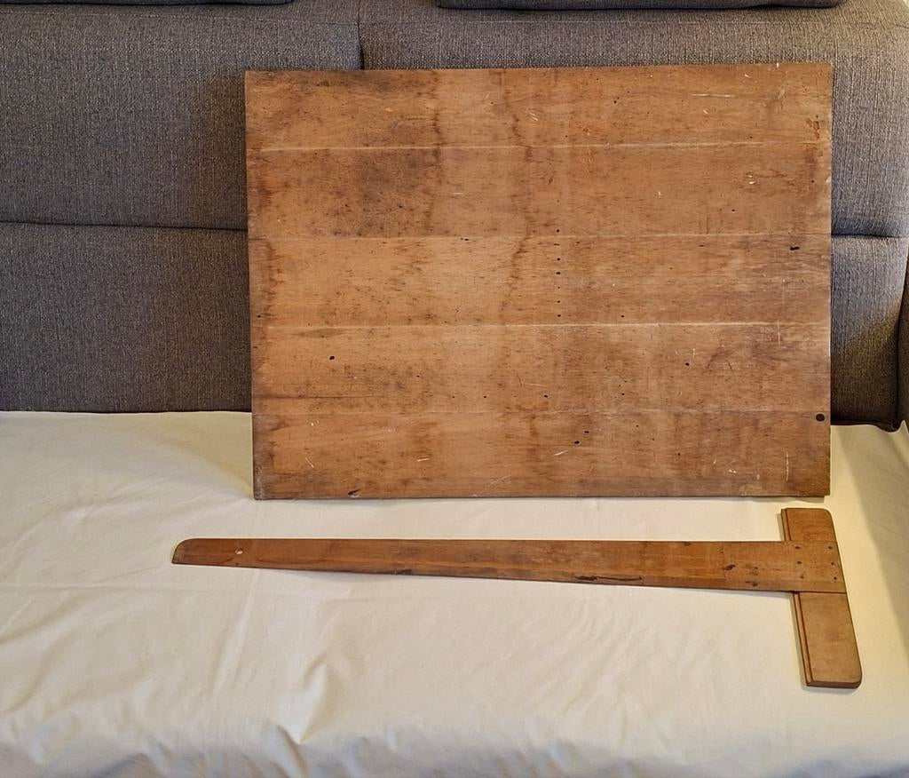 Vintage houten tafelblad met houten liniaal, Antiek en Kunst, Ophalen of Verzenden
