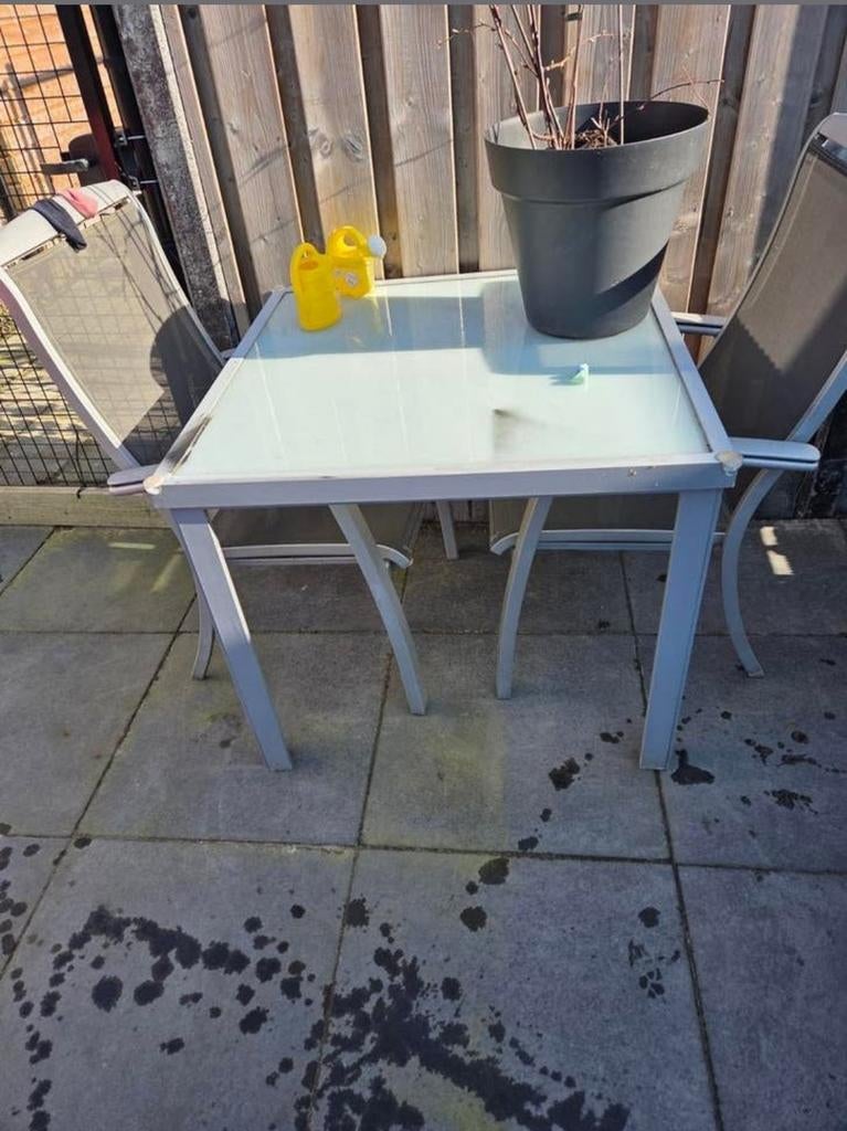 Oude glazen tuintafel, Tuin en Terras, Tuintafels, Ophalen, Gebruikt, Vierkant, Metaal