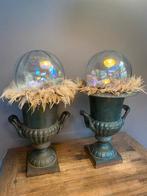 Brocante set Louvre vazen gietijzer, met oren, groen patina, Antiek en Kunst, Ophalen